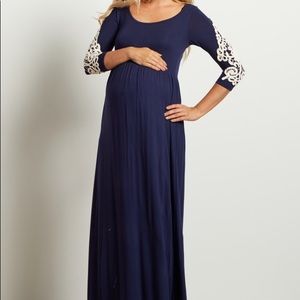 PinkBlush Navy Crochet Sleeve Maternity Maxi Dress